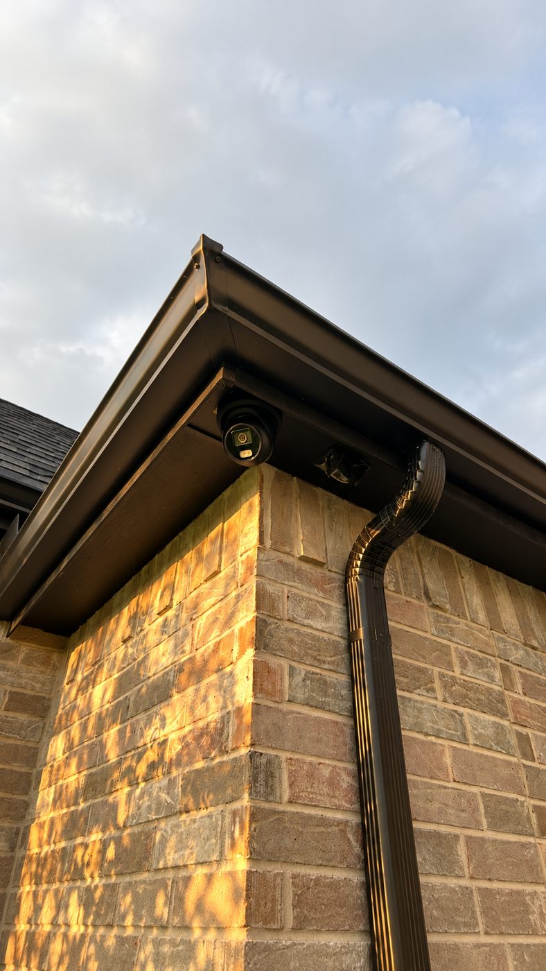 Turret camera tucked under the eave, covering the drive on a place outside Denison